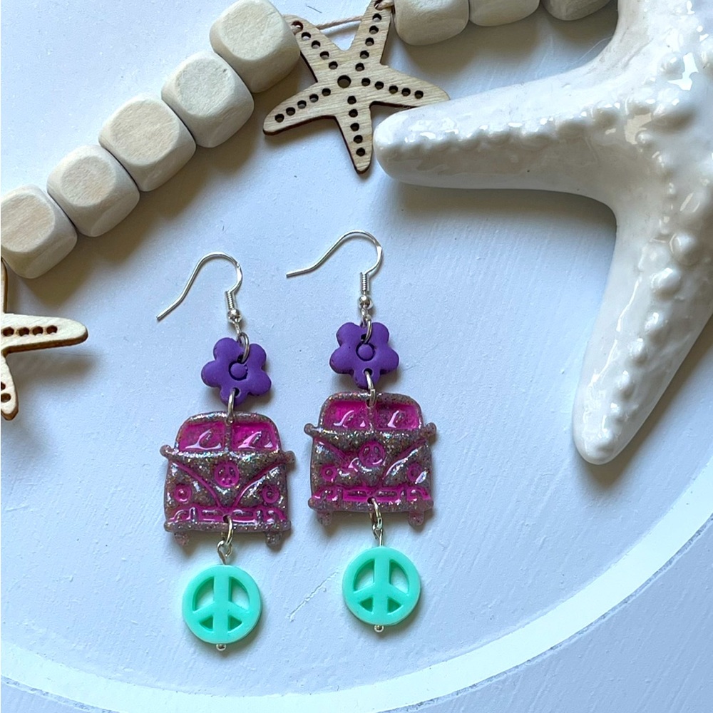 Sparkly glitter hippy bus dangle earrings